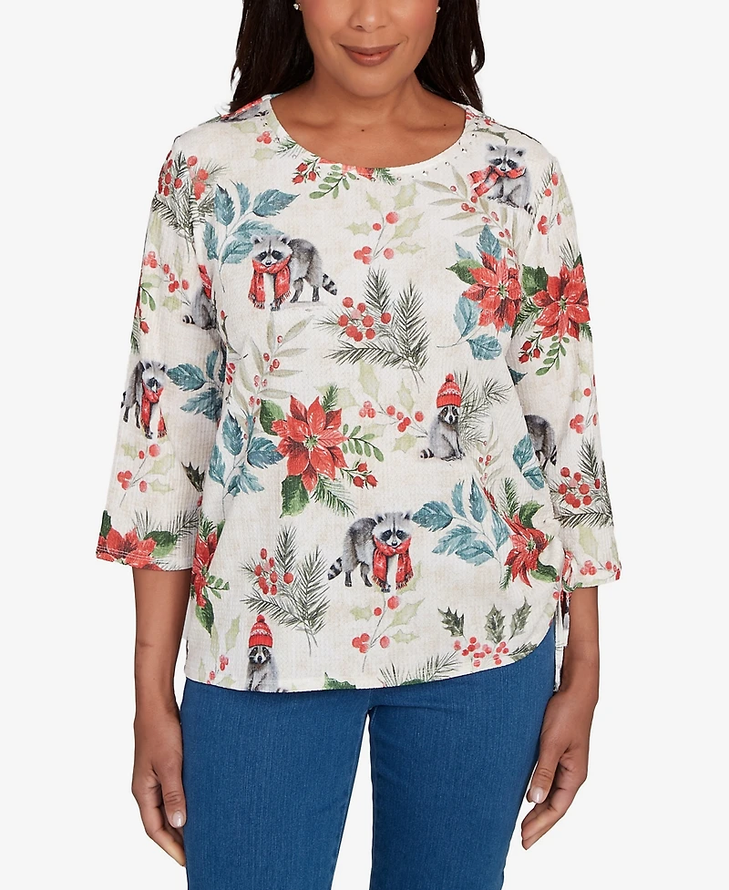 Alfred Dunner Petite Classic Holiday Poinsettias Top