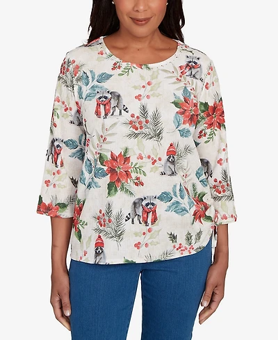 Alfred Dunner Petite Classic Holiday Poinsettias Top