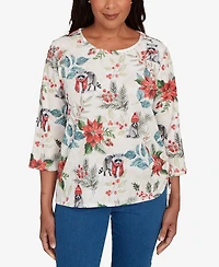 Alfred Dunner Petite Classic Holiday Poinsettias Top