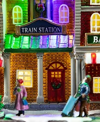 Glitzhome 13.75" Lighted Resin Christmas Train Station Village