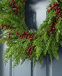 Glitzhome 24" Polyethylene Christmas Dripping Cedar Wreath with Berries