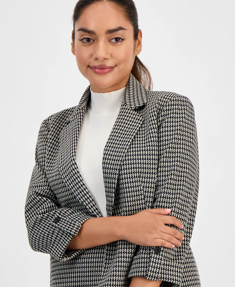 Ak Anne Klein Petite Houndstooth-Print Roll-Tab Blazer