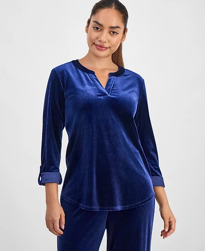 Ak Anne Klein Petite Velour Split-Neck Top