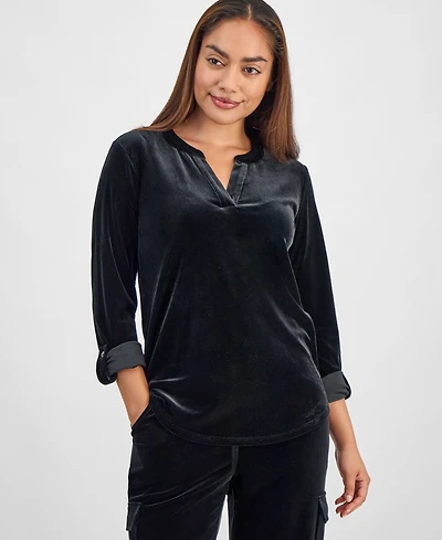 Ak Anne Klein Petite Velour Split-Neck Top
