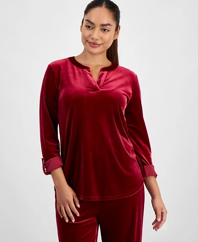 Ak Anne Klein Petite Velour Split-Neck Top