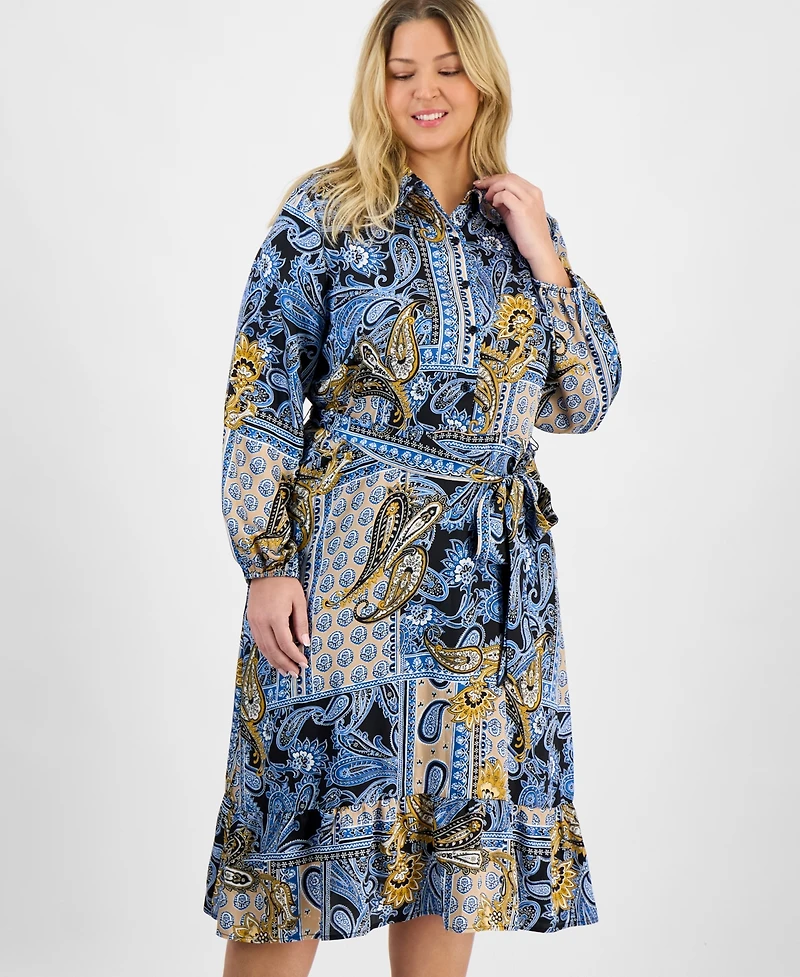 Jones New York Plus Paisley Tie-Waist Tiered Midi Dress