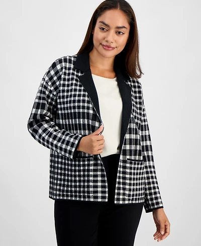 Ak Anne Klein Petite Notched-Lapel Plaid Blazer