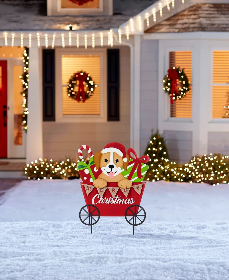 Glitzhome 24" Metal Christmas Dog and Gift Cart Yard Stake