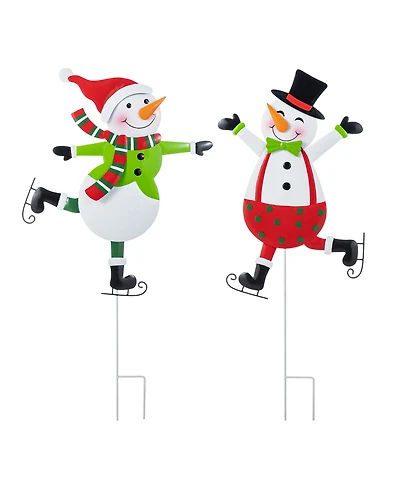 Glitzhome Metal Christmas Skiing Snowmen Yard Stakes, Set of 2