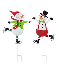 Glitzhome Metal Christmas Skiing Snowmen Yard Stakes, Set of 2