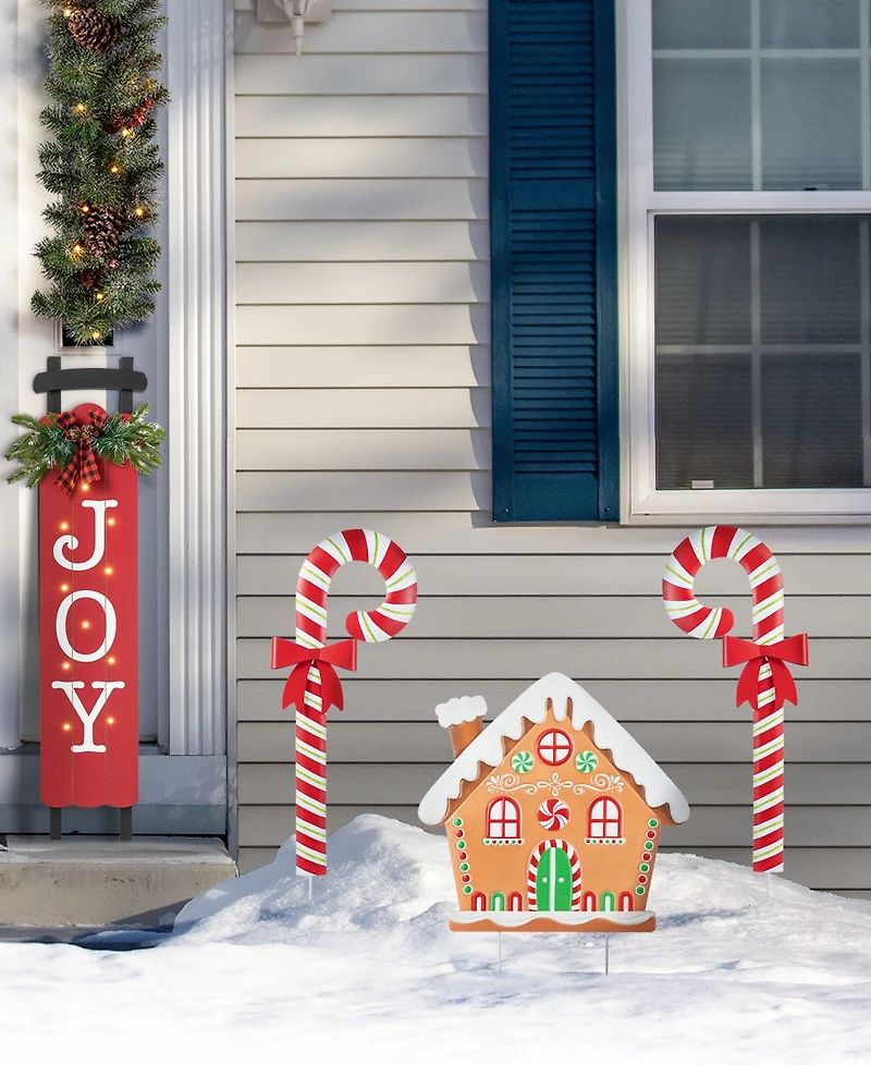 Glitzhome Metal Christmas Gingerbread House and Candy Cane Yard Stakes, Set of 3