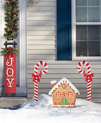 Glitzhome Metal Christmas Gingerbread House and Candy Cane Yard Stakes, Set of 3