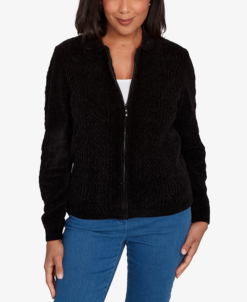 Alfred Dunner Petite Front Zip Chenille Cardigan
