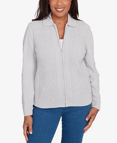 Alfred Dunner Petite Front Zip Chenille Cardigan