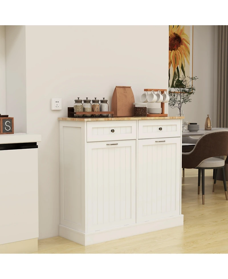 Casainc Tilt-Out Trash Cabinet with Two Drawers and Dual Compartments for Kitchen Waste Storage