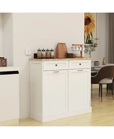 Casainc Tilt-Out Trash Cabinet with Two Drawers and Dual Compartments for Kitchen Waste Storage