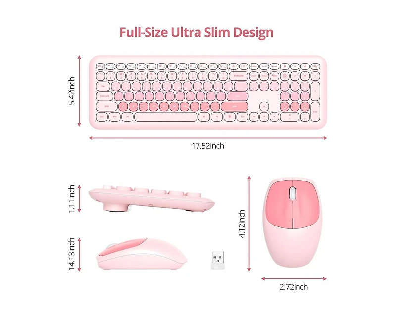 risokeys Cute Colorful Keyboard and Mouse Wireless Silent, Full-Size Retro Typewriter Wireless Quiet Slim Keyboard Low-Noise 2.4GHz for Computer