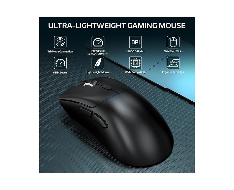 risokeys Wireless Gaming Mouse,Tri-Mode Connection (2.4G/Wired/BT5.2),55g Lightweight,18K Dpi Optical Sensor, 20 Million Key Life,Ergonomic Design,for