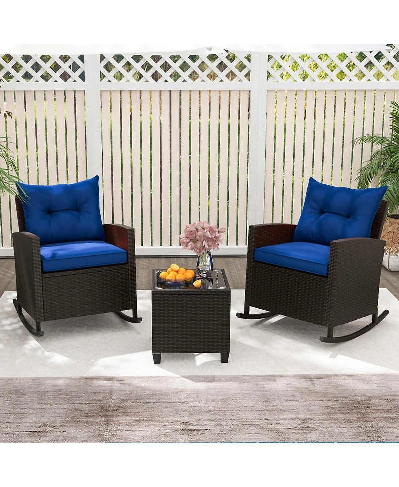 Slickblue Weather-Resistant 3-Piece Patio Rocking Chair Set with Cushions and Tempered Glass Table – Ideal for Outdoor Lounging