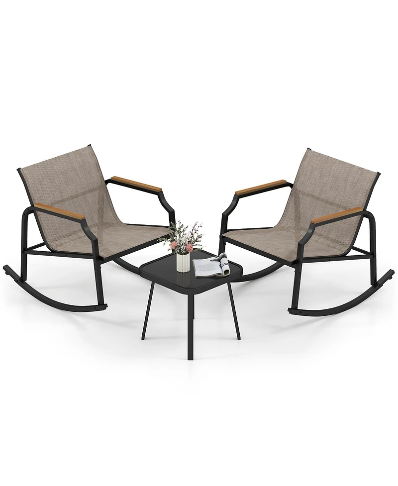 Slickblue Outdoor 3-Piece Rocking Chair Bistro Set with Armrests and Glass-Top Coffee Table – Ideal for Porch or Garden