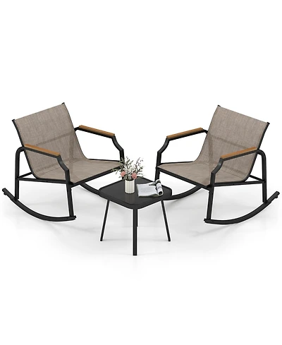 Slickblue Outdoor 3-Piece Rocking Chair Bistro Set with Armrests and Glass-Top Coffee Table – Ideal for Porch or Garden