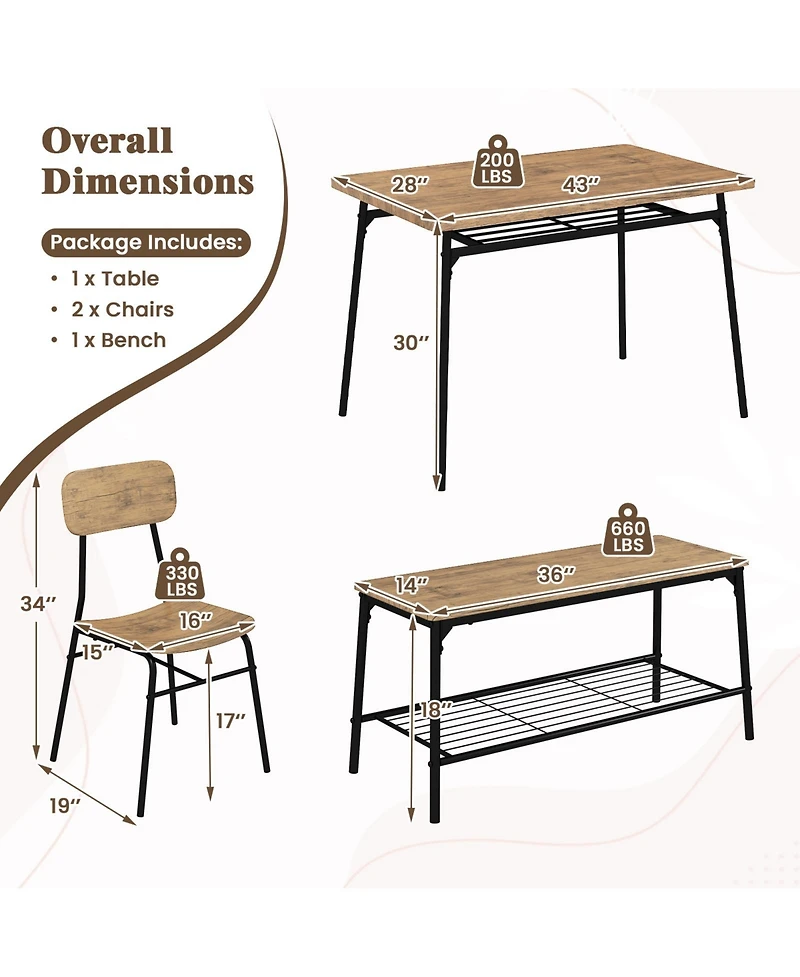 Slickblue Modern 4-Piece Metal Frame Dining Set with Table, Bench, and 2 Chairs – Ideal for Compact Dining Spaces