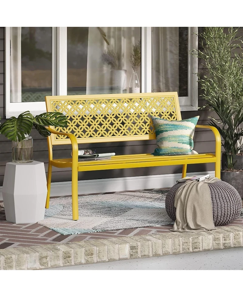 Mondawe All-Iron Park Chair With Floral Backrest,Multi-Layer Rustproof Coating & Adjustable Foot Pad