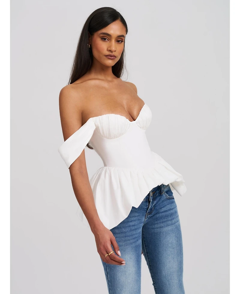 Miss Circle Women Qistina White Off-shoulder Bubble Hem Peplum Cotton Top