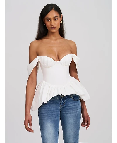 Miss Circle Women Qistina White Off-shoulder Bubble Hem Peplum Cotton Top