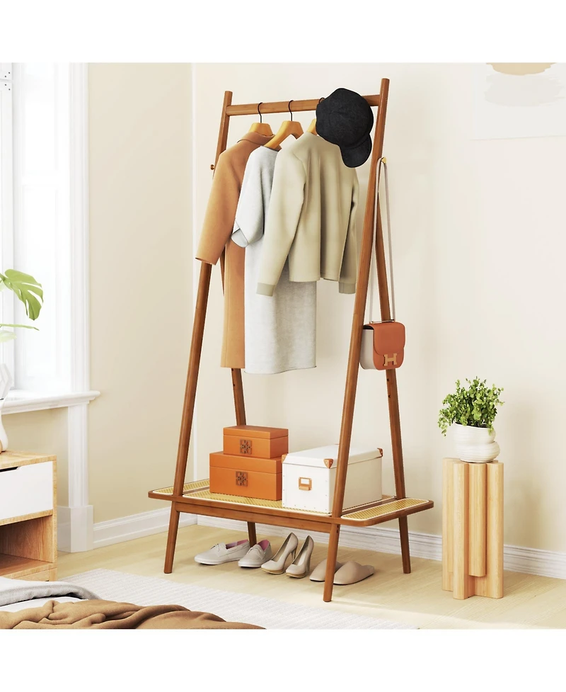 Slickblue Modern Clothes Rack for Entryway with Sturdy Hanging Rod, Decorative Rattan Shelf, and Elegant Copper Hooks