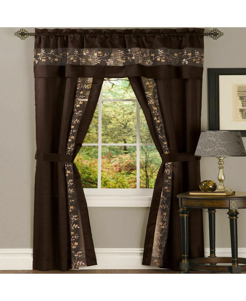 Kate Aurora Complete 5 Pc Window a Bag Embroidered Floral Country Flax Sheer Curtain & Valance Set