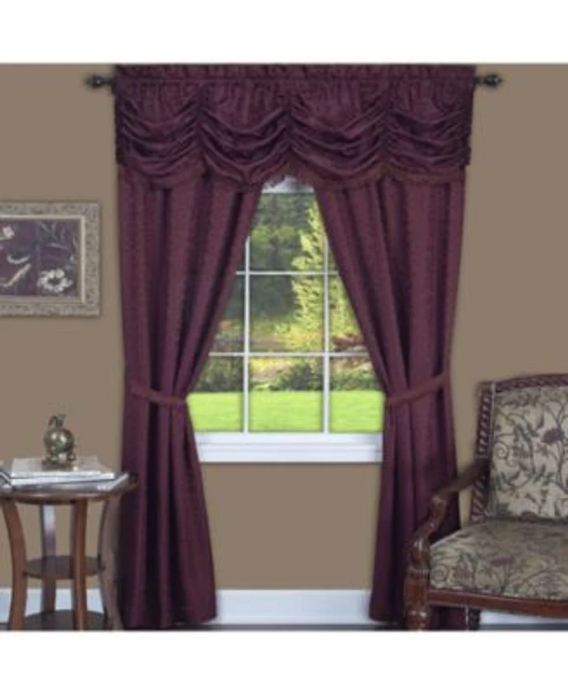 Kate Aurora Jacquard Damask Curtains With An Attached Austrian Valance Tiebacks 63 In. Long Burgundy
