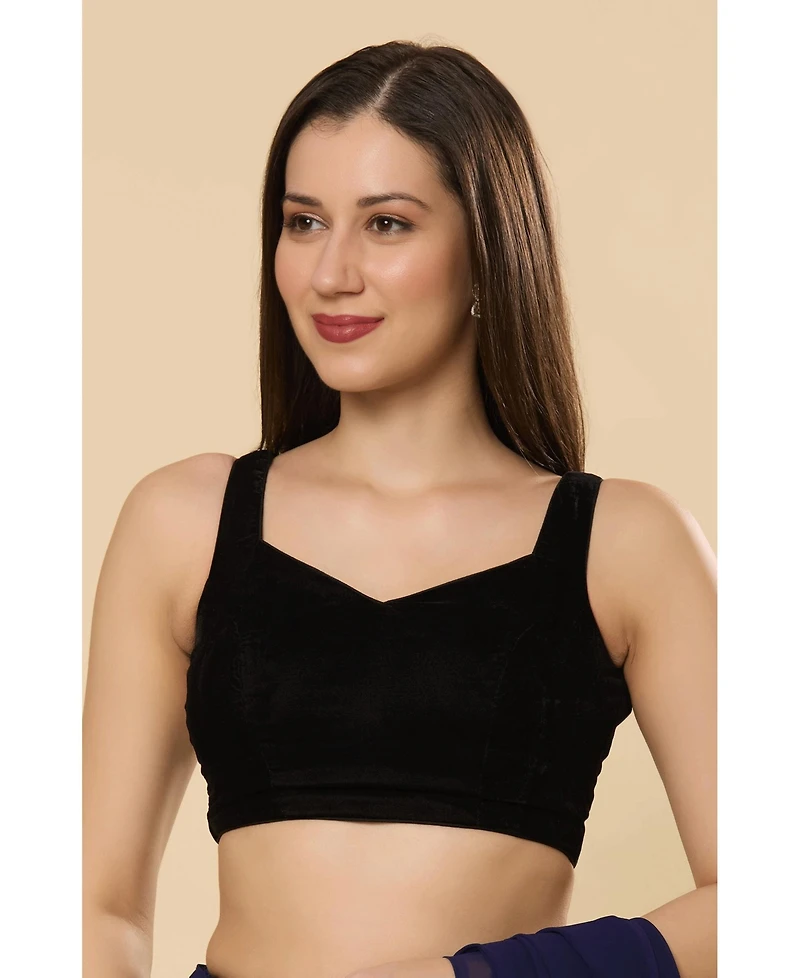One Minute Saree Women's Ayla Black Velvet pentagon Neck Tie-Back Blouse