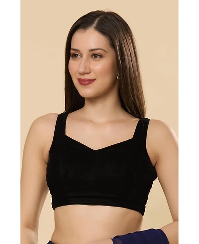 One Minute Saree Women's Ayla Black Velvet pentagon Neck Tie-Back Blouse