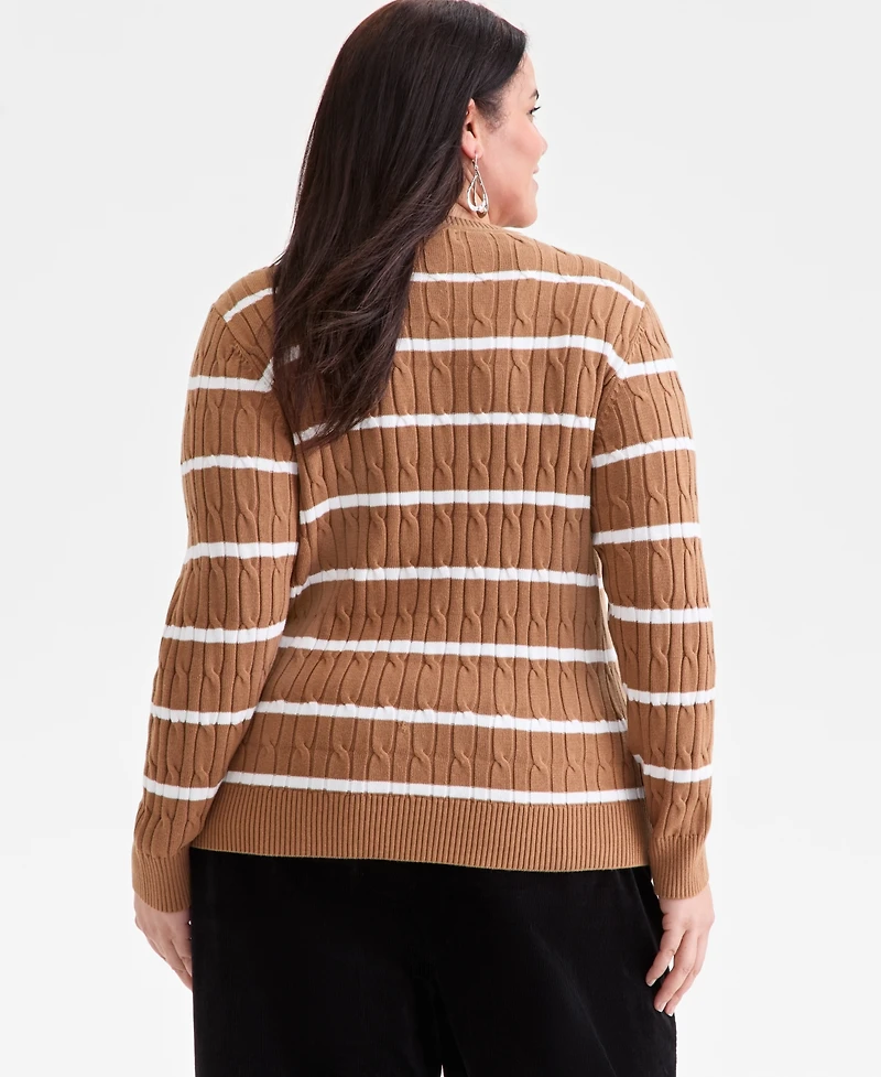 Style & Co Plus Cotton Cable-Knit Crewneck Stripe Sweater, Created for