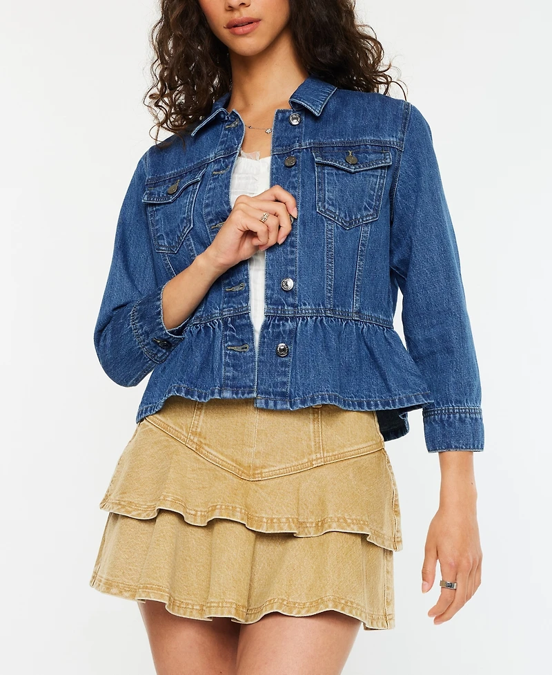 Kancan Women's Classic Fit Peplum Denim Collared Jacket