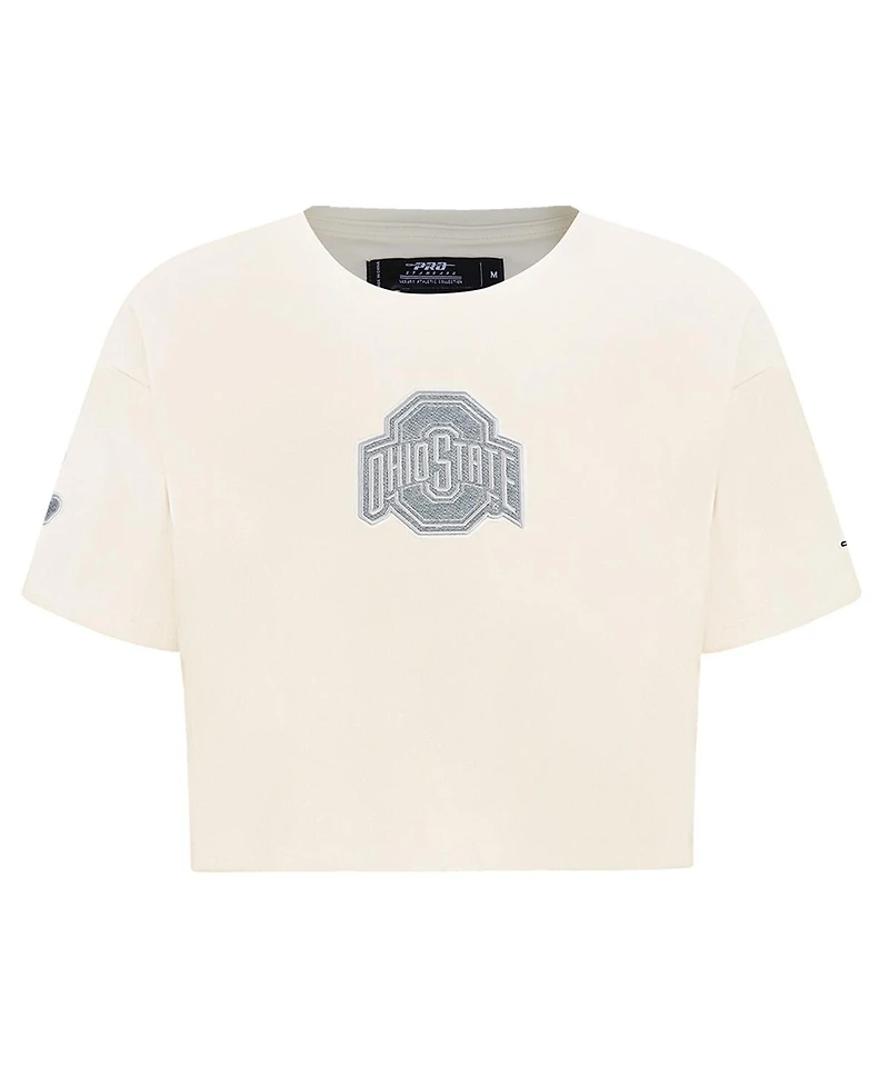 Pro Standard Women's Cream Ohio State Buckeyes Reverse French Terry Boxy Cropped T-Shirt