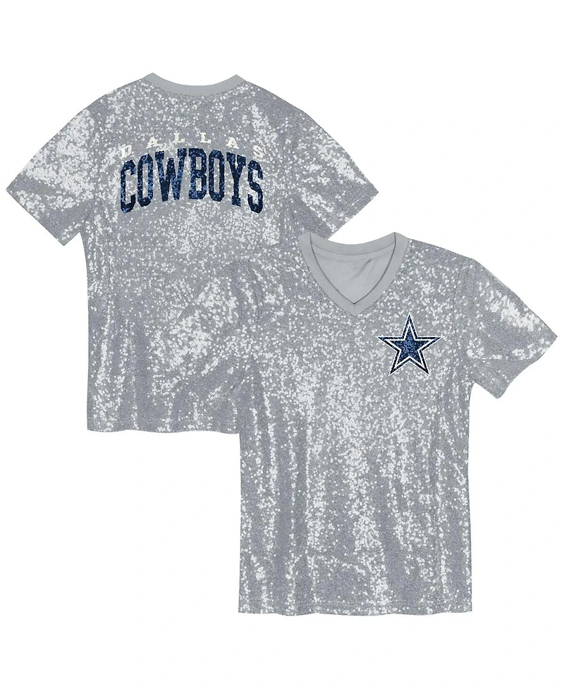 Outerstuff Big Girls Silver Dallas Cowboys Wordmark Sequin V-Neck Top