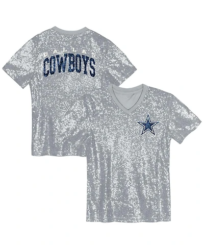 Outerstuff Big Girls Silver Dallas Cowboys Wordmark Sequin V-Neck Top