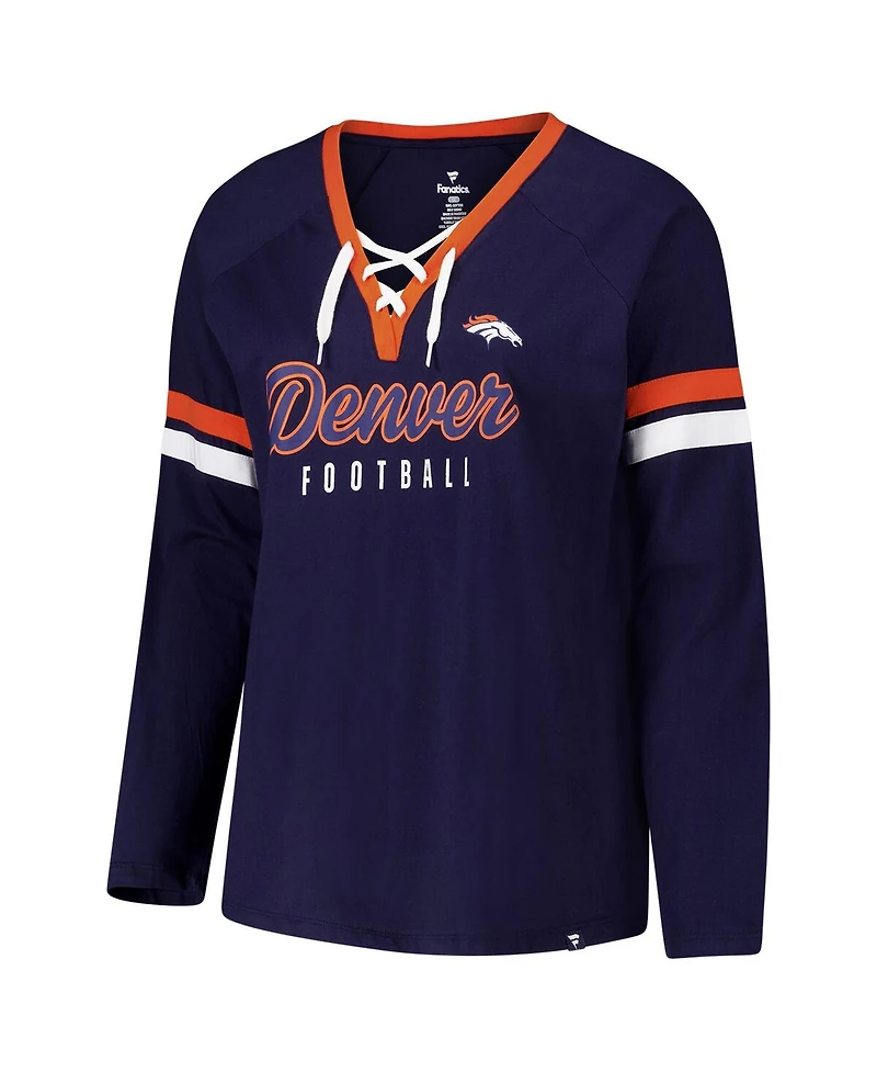 Fanatics Women's Navy Denver Broncos Plus Won Done Lace-Up V-Neck Long Sleeve T-Shirt