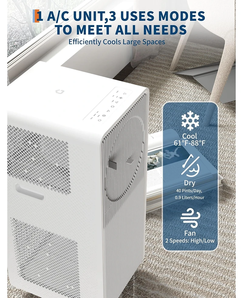 8,000 Btu Portable Ac, 3-in-1 Quiet Cooling Unit with Remote for 350 Sq.Ft, White