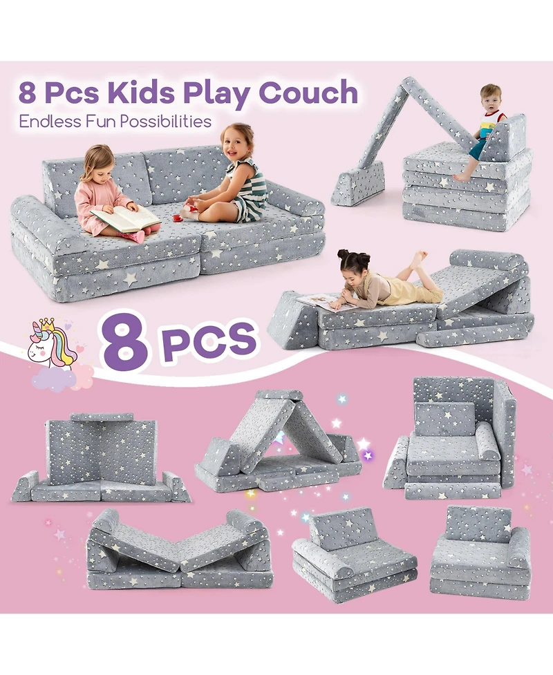 Slickblue 8-Piece Modular Kids Play Couch Sofa with Glow-in-the-Dark Accents – Fun and Safe Seating for Toddlers