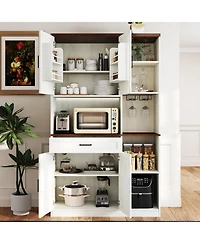 Casainc 71" Farmhouse Kitchen Pantry with Hutch, Microwave Stand, Drawer & Charging Station