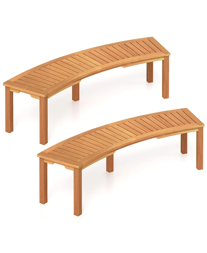 Gymax Set of 2 Outdoor Curved Bench w/ Slatted Seat Solid Acacia Wood for Yard