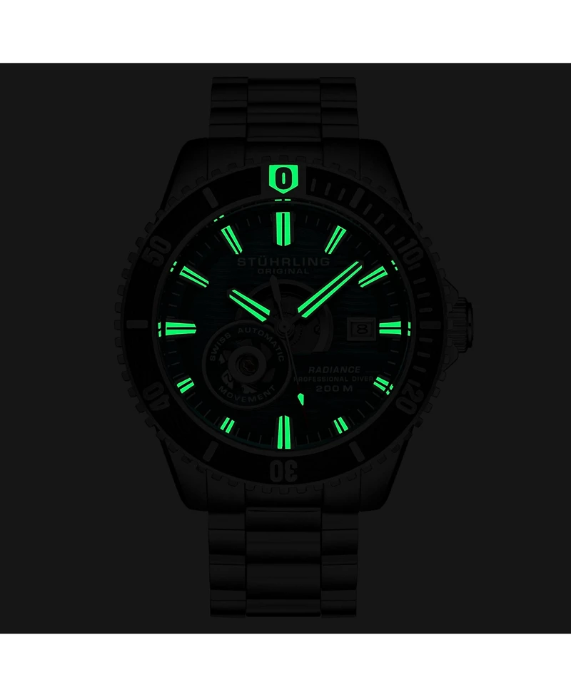 Stuhrling 1013 Men s Automatic Watch Swiss Movement Turquoise Dial Gunmetal Bezel Stainless Steel Bracelet 200M Water Resistant Diver Date Window