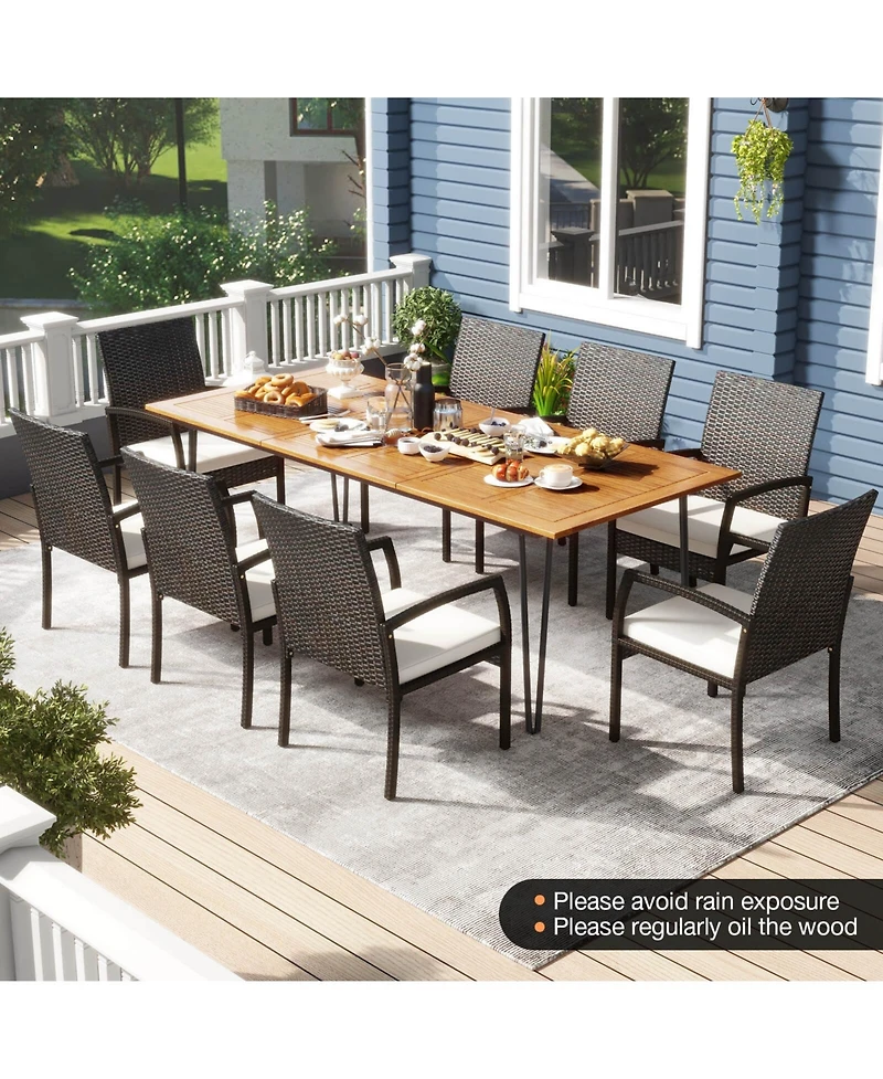 Costway 9 Pcs Outdoor Patio Dining Set Armchairs Set of 8 and Acacia Wood Square Table