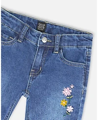 Deux par Toddler Girls Jeans Blue Denim with Frayed Hems and Floral Embroideries - Toddler|Child