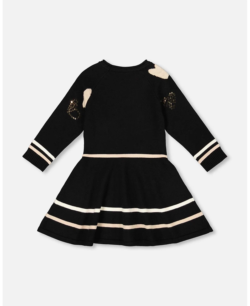 Deux par Girl Knit Dress Black with Glittery Heart Motifs - Toddler|Child