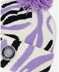Deux par Girl Lined Knit Pompom Hat Black, White and Lilac - Toddler|Child
