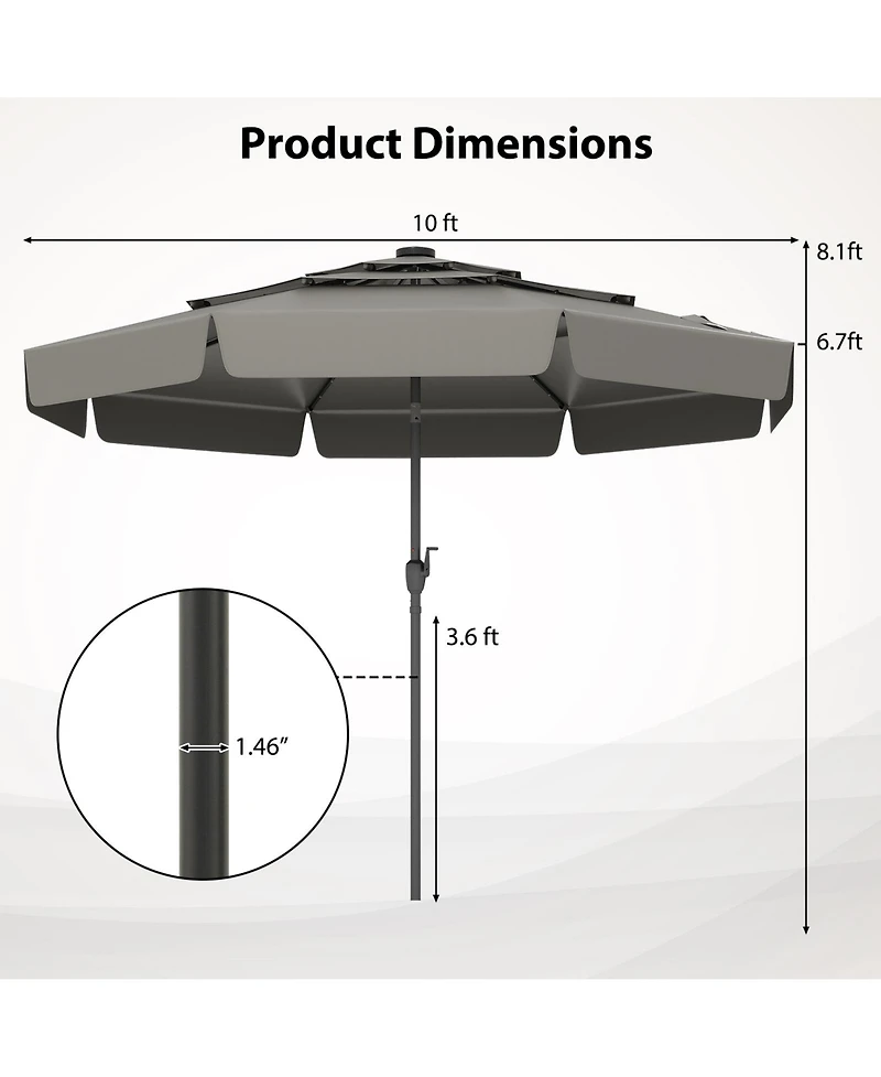 Gymax 10 Ft Solar Patio Umbrella w/ 32 Led Lights 3-Tier Vented Top & Tilt Adjustment